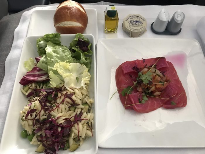 american airlines business class airbus a330 london heathrow lhr to philadelphia phl salmon salad appetizer 700x525