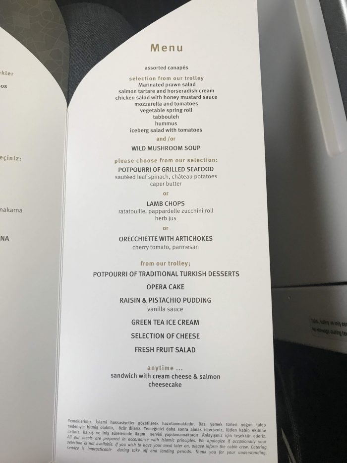 turkish airlines business class boeing 777 300er san francisco sfo istanbul ist dinner menu 700x933