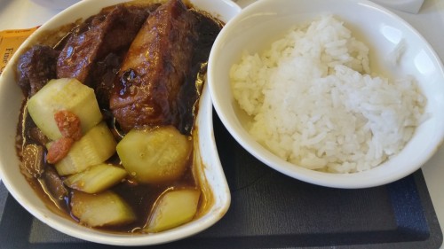 cathay pacific pork ribs jasmine rice 500x281 - Cathay Pacific Business Class 777-300 Hong Kong HKG to Tokyo Narita NRT: Around The World