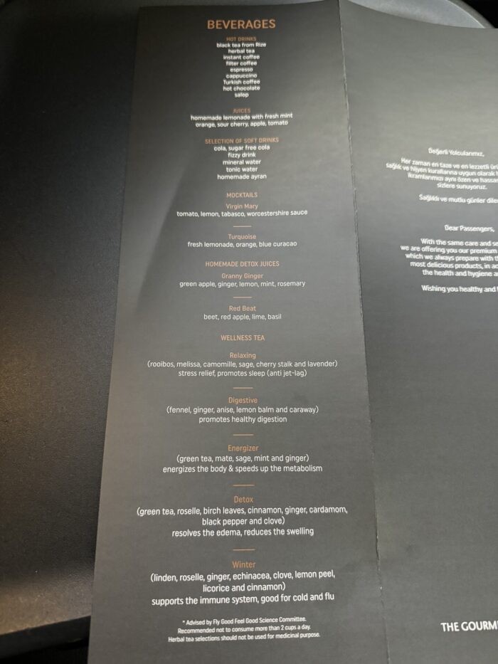 Turkish Airlines Business Class Boeing 787-9 Istanbul IST To San Francisco SFO review turkish airlines business class drinks menu 700x933