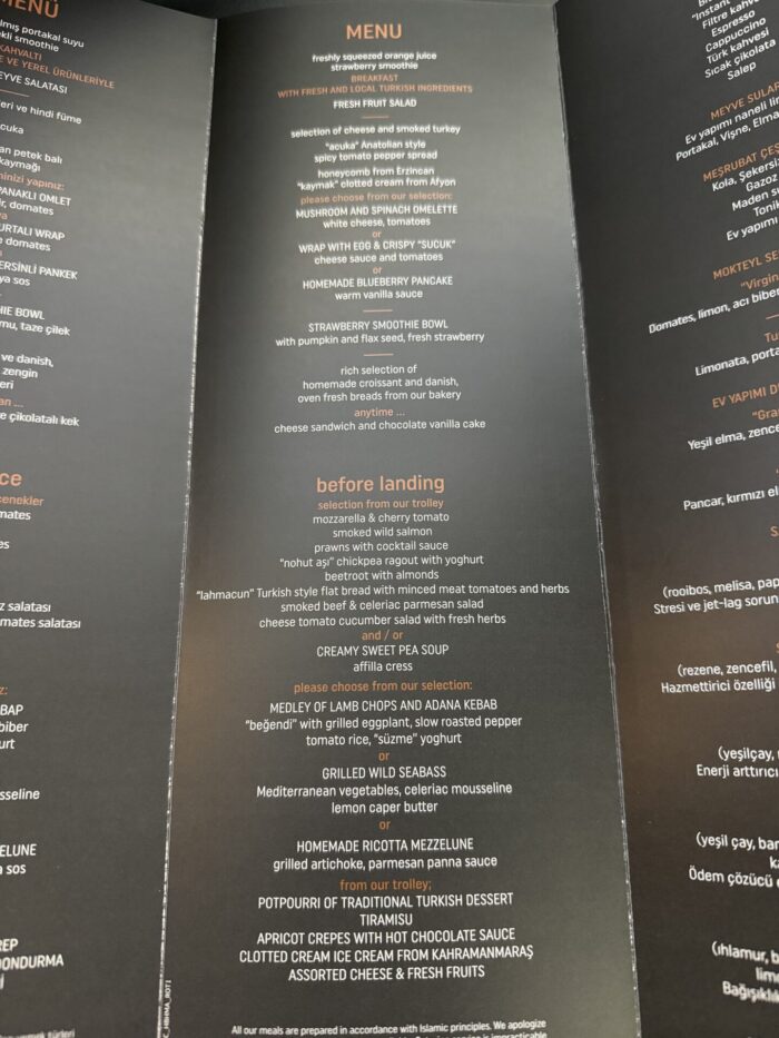 Turkish Airlines Business Class Boeing 787-9 Istanbul IST To San Francisco SFO review turkish airlines business class inflight meal menu 700x933