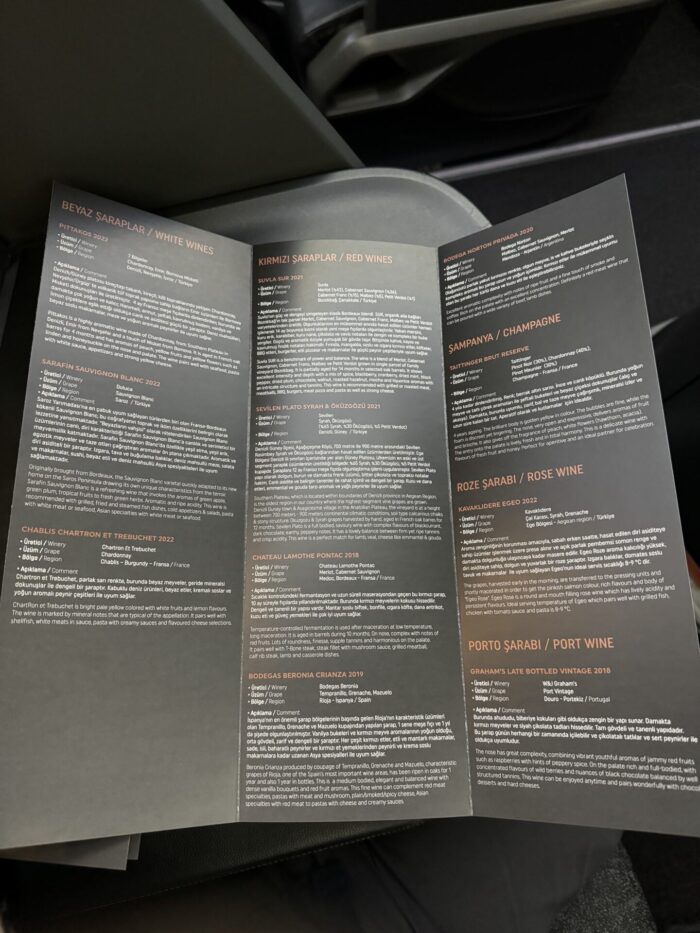 Turkish Airlines Business Class Boeing 787-9 Istanbul IST To San Francisco SFO review turkish airlines business class wine menu 700x933