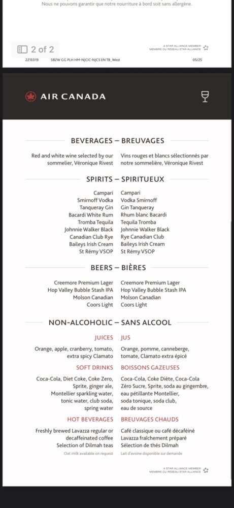 air canada business class drinks menu 461x1000